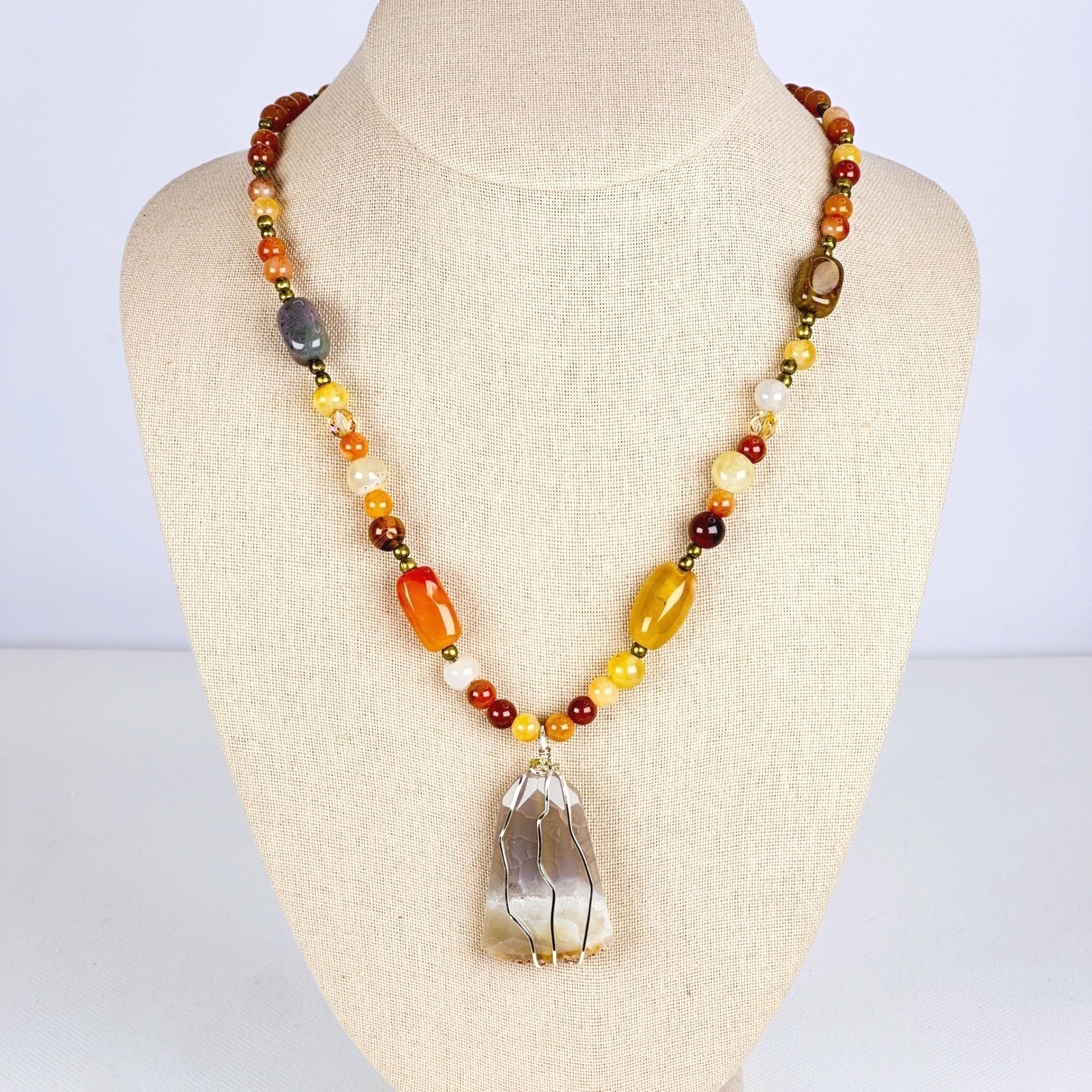 Boho Orange Agate Carnelian Beaded Wire Wrapped Pendant Necklace